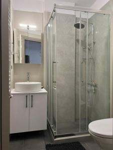 a bathroom with a shower and a sink and a toilet at Iris Luxury Apartment in Ioannina