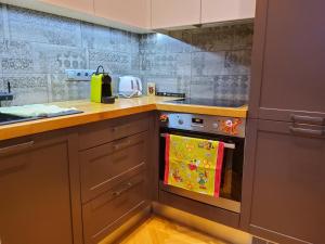 a kitchen with a stove top oven next to a counter at Al Pacino apartment in Riga