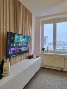 sala de estar con TV de pantalla plana en la pared en Schlossblick - Modernes & zentrales Apartment mit Balkon und Arbeitsplatz, en Schwerin