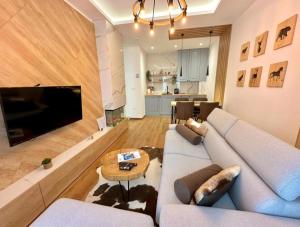 a living room with a blue couch and a tv at Apartman Drvorez Jahorina in Jahorina