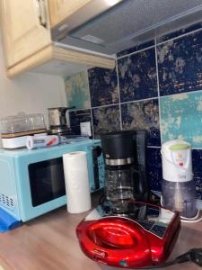 a kitchen counter with a coffee maker and a microwave at Dominique House Meteora in Kalabaka