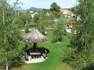 una vista aérea de una mesa de picnic y una sombrilla en Rajski metoh en Kosjerić