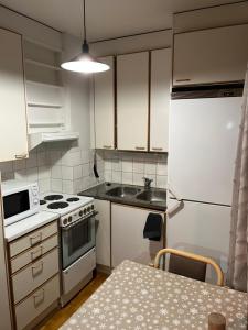 uma pequena cozinha com um fogão e um frigorífico em Apartment Ahkio North em Rovaniemi