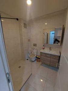 La salle de bains est pourvue de toilettes, d'un lavabo et d'un miroir. dans l'établissement miamia apart otel, à Bostancı