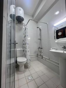 ein Bad mit einer Dusche, einem WC und einem Waschbecken in der Unterkunft GUEST INN HOTEL in Dubai