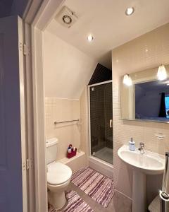 a bathroom with a toilet and a sink at 4 Bed Town House with free parking in Eaton Socon