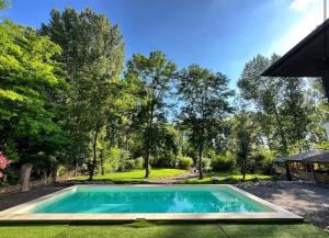 a swimming pool in a yard with trees at Riverside Residence in Trstice