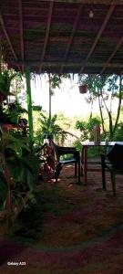 une table et un banc sous un pavillon dans l'établissement JARDIN DE LAS MUSAS, à Puerto Maldonado