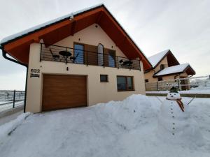 een sneeuwman zit voor een huis bij Tatras Apartments 622 in Nová Lesná