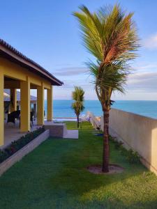 貝貝里比的住宿－Villa Amarelo，棕榈树在海边的房子前
