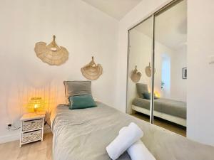 a bedroom with a bed and a large mirror at LA PASSERELLE 2G - Quartier Gare - Wifi - Parking in Quimper