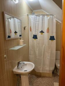 La salle de bains est pourvue d'un lavabo et d'un rideau de douche. dans l'établissement Nice Weekend, à Yaremtche