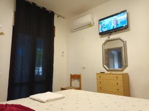 a bedroom with a bed and a tv on the wall at levante rooms in Scalea