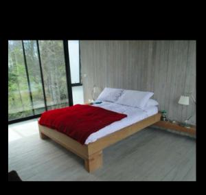 ein Schlafzimmer mit einem Bett mit einer roten Decke in der Unterkunft Casa Calafquen in Panguipulli