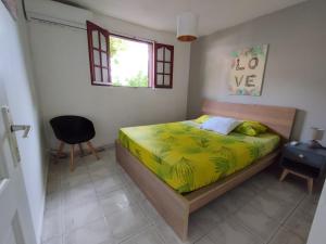 1 dormitorio con 1 cama y 1 silla en Bas de Villa Dumont T3 avec jacuzzi en Le Gosier