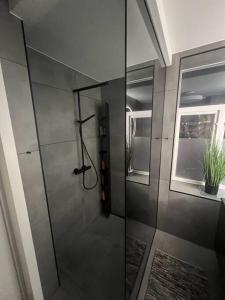 een douche met een glazen deur in de badkamer bij I hjertet av Nordens Paris. in Tromsø