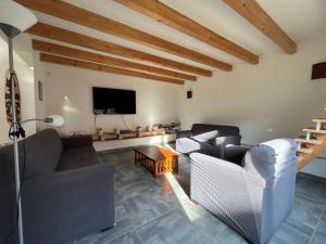 sala de estar con sofás y TV de pantalla plana. en Le refuge aux Papillons, en Masevaux