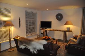 ein Wohnzimmer mit einem TV, einem Sofa und einem Tisch in der Unterkunft Vakantiehuis 't Verloren Schaap Sluis in Sluis