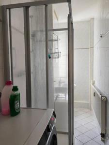bagno con doccia, lavandino e servizi igienici di Ferienwohnung im Musikerviertel a Große Mühle