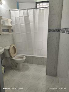 a bathroom with a toilet and a shower at Aparthotel Genova in Santo Domingo