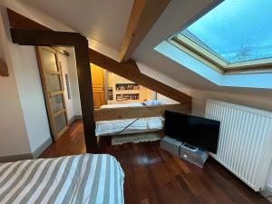 um quarto com uma cama e uma televisão num sótão em Chambre privée Lyon em Lyon