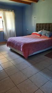 a bedroom with a bed with a red blanket on it at Casa de campo in Villarrica
