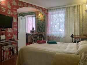 a bedroom with a bed and a tv in it at Podil Apart Сковороди Kontraktova Ploscha in Kyiv