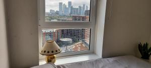 倫敦的住宿－Central Room with Stunning Views，一间卧室设有窗户,享有城市美景