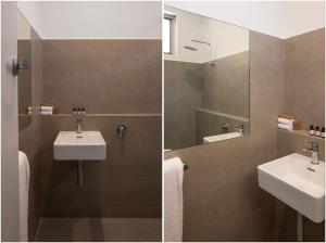 twee foto's van een badkamer met een wastafel en een spiegel bij South Pacific Palms Motor Inn in Tuncurry