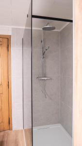 een douche met een glazen deur in de badkamer bij Le Colibri in Durbuy