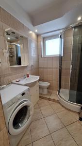 a bathroom with a washing machine and a toilet at AGAWA NOCLEGI in Tarnów