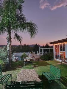 un patio trasero con una mesa y dos bancos y una palmera en Complejo Mayu Inti Wayra - Mayu Sumaj en Villa Icho Cruz