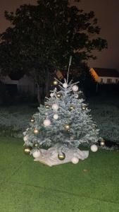 een kerstboom gemaakt van witte ornamenten bij Auberge de l'Etoile in Thoiry