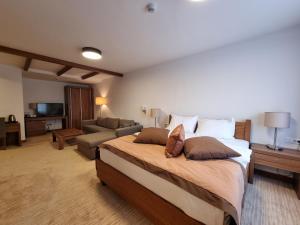 亞霍里納的住宿－Apartman Queen Vučko，一间卧室配有一张大床和一张沙发