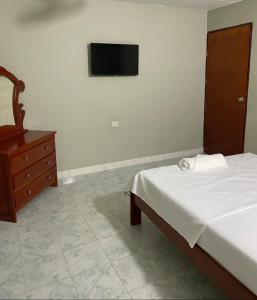 1 dormitorio con 1 cama, vestidor y TV en HOSTAL CASA PALMA, en Ríohacha