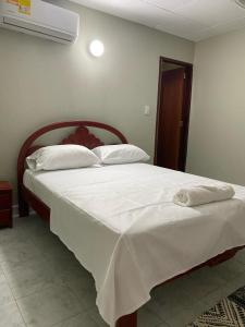 1 dormitorio con 1 cama grande con sábanas y almohadas blancas en HOSTAL CASA PALMA, en Ríohacha