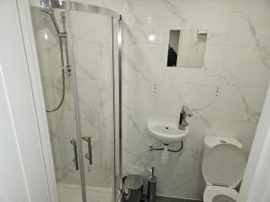 y baño con ducha, aseo y lavamanos. en A home in a room, en Saint Mary Cray