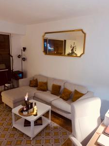 ein Wohnzimmer mit einem weißen Sofa und einem Spiegel in der Unterkunft Logement unique et chic PARIS 15 min champs Élysée in Rueil-Malmaison