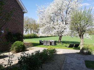 a garden with a table and a tree with white flowers at Aan de Keiberg in Bilzen