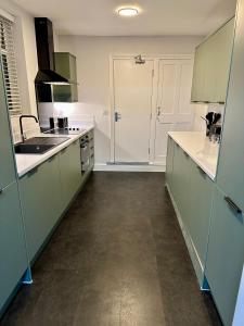 uma cozinha com armários verdes, um lavatório e um chuveiro em Dunedin Heights em Londres