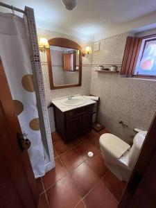 ein Badezimmer mit einem WC, einem Waschbecken und einem Spiegel in der Unterkunft Casa do Reguengo (New!) in Castelo de Vide