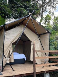 a tent with a bed on a wooden deck at Glamping Colibrí, ubicado junto a bosque y cercano al parque a la vez in Jardin
