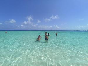 un grupo de personas nadando en el océano en Isla diablo cabañas en la orilla del mar baño compartido en Cagantupo
