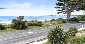 阿波罗湾Absolute Beachfront Views Apollo Bay的一条有树和海洋的空路 更多8张照片
