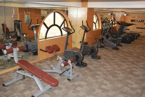 a gym with several rows of exercise bikes and treadms at Ramada Plaza Weifang in Weifang