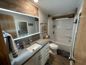 een badkamer met een wastafel, een toilet en een spiegel bij Waterfront Canal in Satsuma Florida in Satsuma