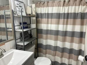 a bathroom with a sink toilet and a shower curtain at Cozy Indian Lake Chalet on Golf Course with Arcade/Gameroom in Stoystown