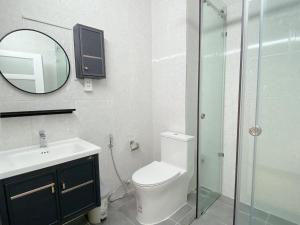La salle de bains est pourvue de toilettes, d'un lavabo et d'un miroir. dans l'établissement SAIGONESE Studio, à Hô-Chi-Minh-Ville