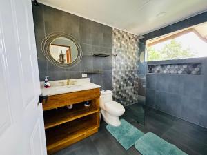 ein Badezimmer mit einem Waschbecken, einem WC und einem Spiegel in der Unterkunft Three Soul 3 in Jabillos