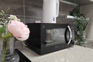 a microwave on a counter with a vase with a flower at 1 second to Gwanganbeach in Busan